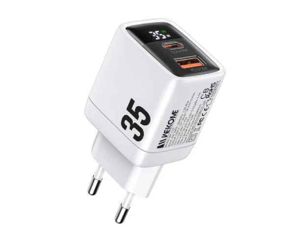WEKOME WP-U25 Super brzi Strujni GaN Punjač, 2-porta USB (3.0 i 3.1 Tip-C) 35W, sa displejom, beli  MOBILNI TELEFONI I TABLETI