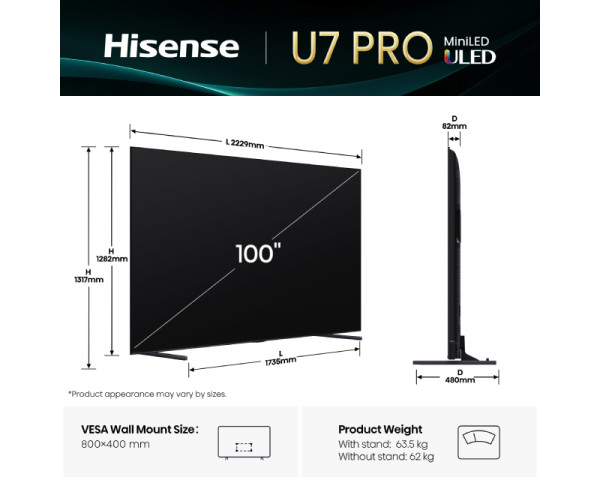 HISENSE 100 inča 100U7Q PRO Mini-LED 4K UHD Smart TV  TV, AUDIO,VIDEO