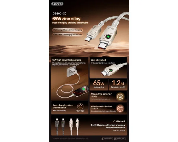 REMAX Kabl Swift Fast charging braided data cable 1.2M C36 65W(C-C) beli  IT KOMPONENTE I PERIFERIJA