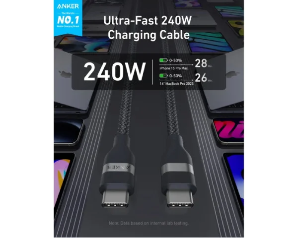 ANKER USB tip-C kabl MM 1.8m, za Super brzo punjenje 240W480Mbps, pleteni, crni  MOBILNI TELEFONI I TABLETI