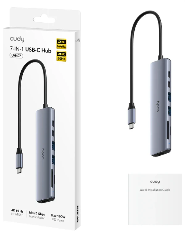 Cudy UH407 , 7-In-1 HDMI SD/TF 4K USB-C Hub, 60/144/240 Hz, 5Gps, 100W IT KOMPONENTE I PERIFERIJA