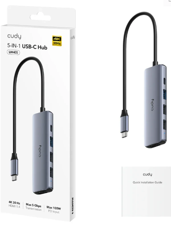 Cudy UH405, 5-In-1 HDMI 4K USB-C Hub 30/60/120 Hz, 5Gps, 100W IT KOMPONENTE I PERIFERIJA