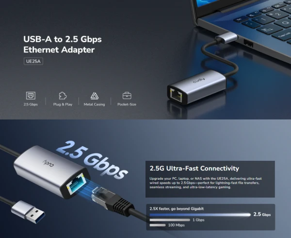 Cudy UE25A, USB-A adapter za Ethernet od 2.5 Gbps , 10/100/1000/2500 Mbps IT KOMPONENTE I PERIFERIJA