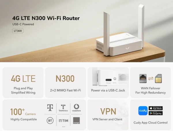 Cudy LT300 4G LTE N300 Wi-Fi Router,USB-C Power Input, 2.4GHz, 300Mbps IT KOMPONENTE I PERIFERIJA