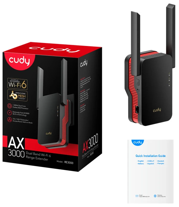 Cudy RE3000 AX3000 Wi-Fi 6 Range Extender, Dual Band 2.4+5Ghz,2x5dBi, 1xLAN, AP, Add-On mesh, LED IT KOMPONENTE I PERIFERIJA