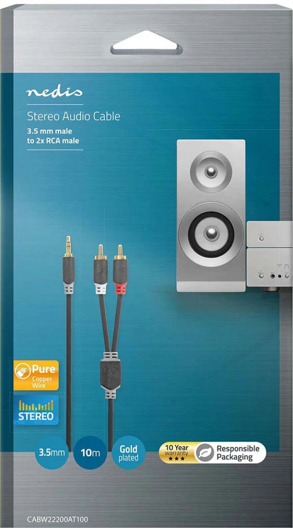 Nedis CABW22200AT100, Stereo audio kabl 3,5 mm muški, 2x RCA muški, Pozlaceni, 10,0 m, Antracit IT KOMPONENTE I PERIFERIJA