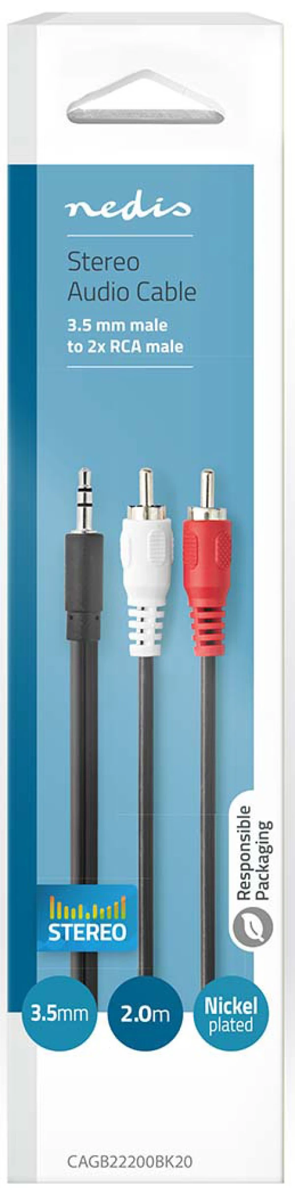 Nedis CAGB22200BK20, Stereo audio kabl, 3,5 mm muški, 2x RCA muški, Niklovani, 2,00 m, Crni IT KOMPONENTE I PERIFERIJA