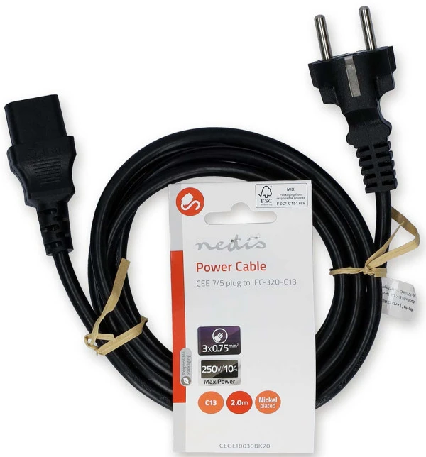 Nedis CEGL10030BK20, Kabl za napajanje, Utikač sa uzemljenjem muški, IEC-320-C13, Niklovani, 2,00 m, PVC IT KOMPONENTE I PERIFERIJA