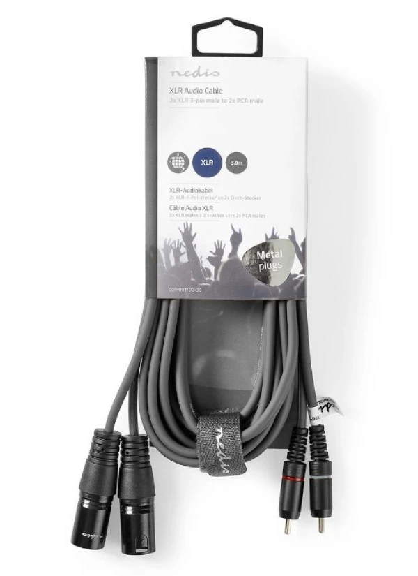 Nedis COTH15210GY30 Balanced Audio Cable 2x XLR 3-Pin muski na 2x RCA muski, 3m, PVC, Dark Grey IT KOMPONENTE I PERIFERIJA