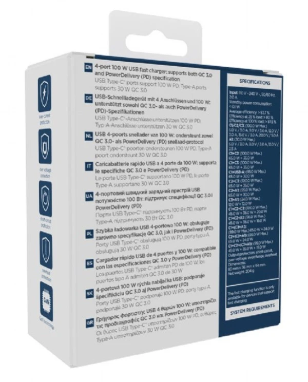 Gembird TA-UC-PDQC100LCD-01-BK 4-port 100W GaN USB fast charger, LCD, black MOBILNI TELEFONI I TABLETI