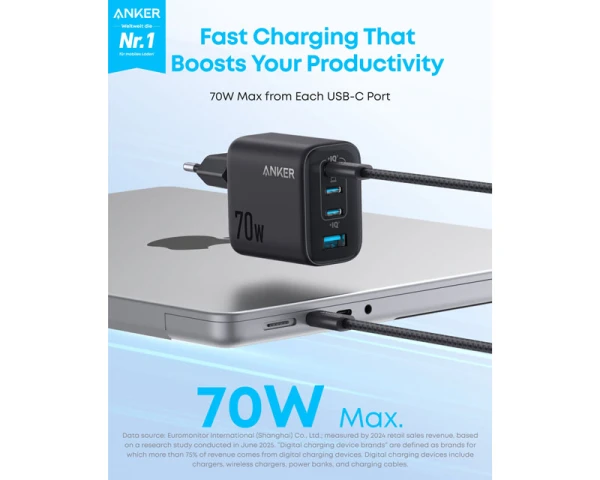 ANKER Zolo 70W 4-porta(3x USB-C i 1x USB-A) zidni punjač crni  MOBILNI TELEFONI I TABLETI