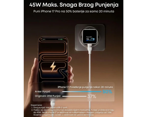 ANKER Nano 45W putni zidni punjač sa ekranom, USB-C port, beli  MOBILNI TELEFONI I TABLETI