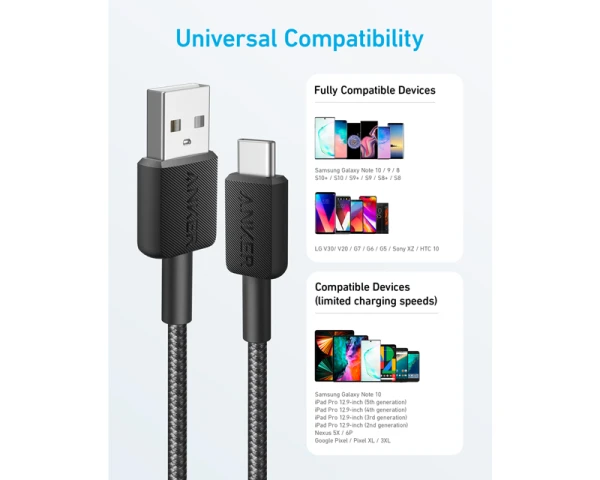 ANKER 322 USB tip-A na USB tip-C kabl M/M 0.9m, 18W, pleteni, crni  MOBILNI TELEFONI I TABLETI