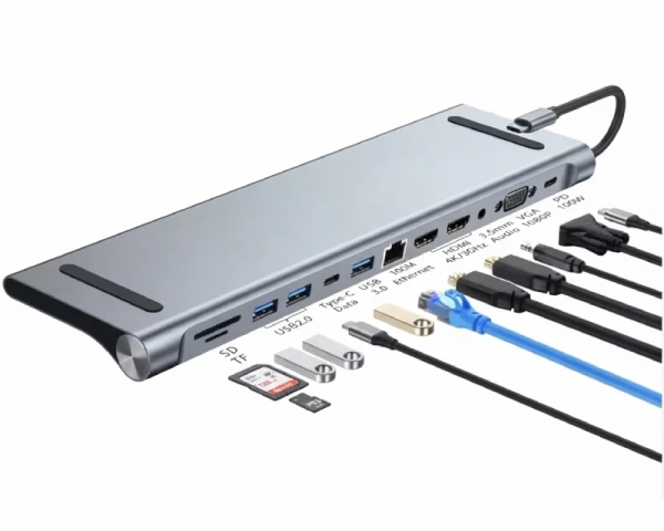 E-GREEN Multiport USB 3.1 tip C (M) - 2 x HDMI + VGA + 3 x USB 3.0 + 1 x tip C-(PD 100W) + USB 2.0 + 3.5mm + SD/TF + RJ45 (F)1000 Mbps (12  IT KOMPONENTE I PERIFERIJA