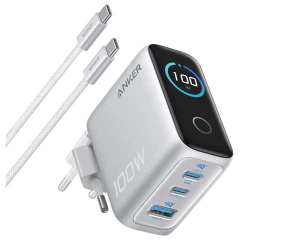 ANKER 100W GaN zidni brzi punjač, 3-porta (2x USB-C i 1x USB-A) sa USB-C M/M pletenim kablom, srebrni  MOBILNI TELEFONI I TABLETI