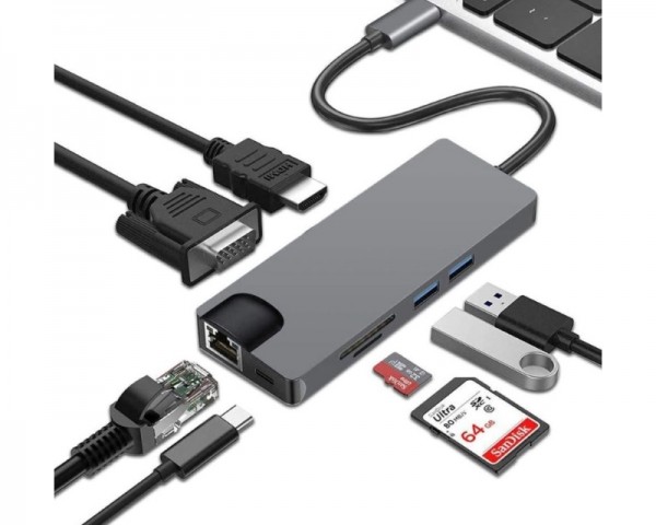 E-GREEN Adapter USB 3.1 Tip C (M) - HDMI+VGA+2X 3.0 USB + tip C + SD (F) IT KOMPONENTE I PERIFERIJA