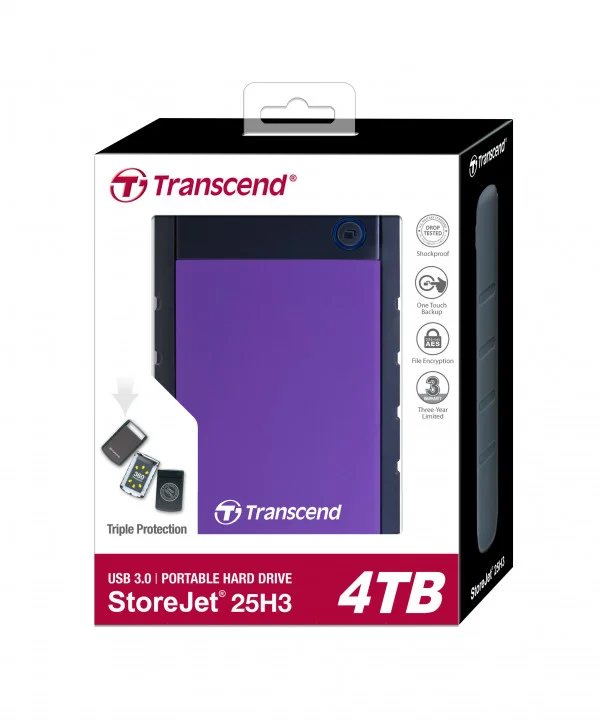 Transcend Eksterni hard disk HDD 4TB, H3P, USB3.0, 2.5'', Anti-shock system, Backup software, 308 gr, Black/Purple ( TS4TSJ25H3P )  IT KOMPONENTE I PERIFERIJA